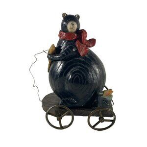 Bear Gone Fishin' on Cart w/Red Scarf Fish in Hand & Bucket Rare Resin Figurine